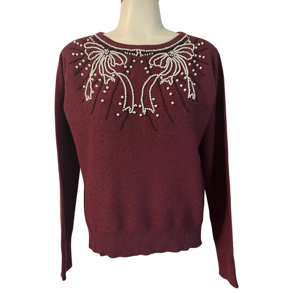 Anthropologie Field Flower Pearled Bow Beaded Sweater Maroon Wool Blend Size S